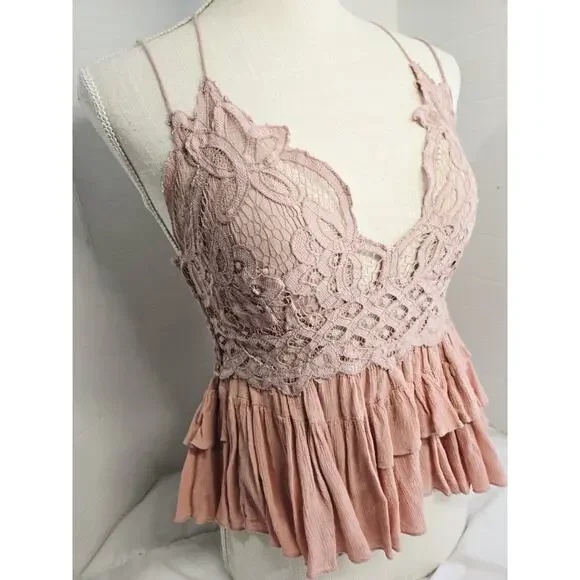 Free People Adella Cami Tank Top Womens M Mauve Lace Boho Tiered Flowy Romantic - Picture 15 of 15